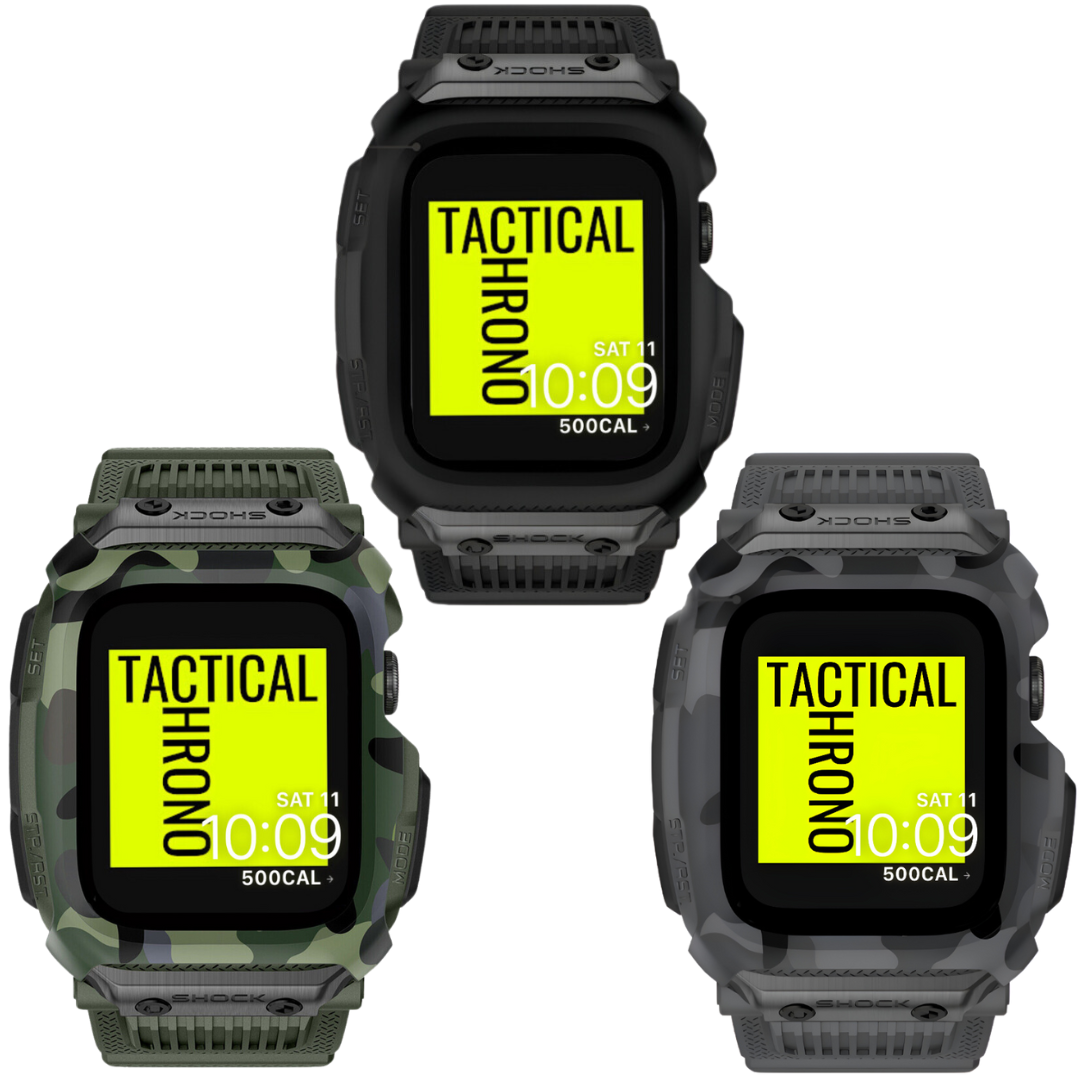 3 apple watch protective bands: black, green camo & grey camo on a white background