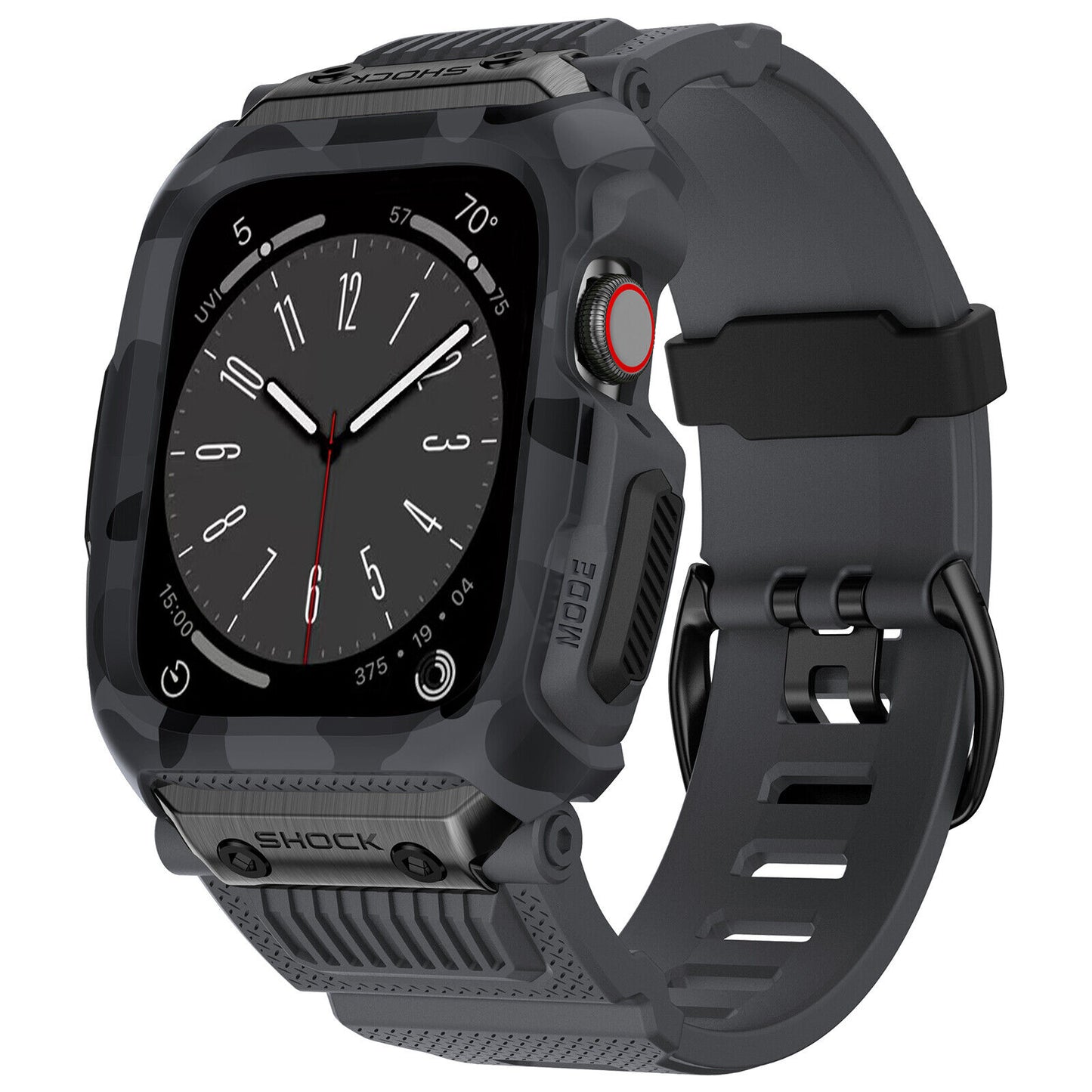 grey camouflage rugged apple watch protective band and case