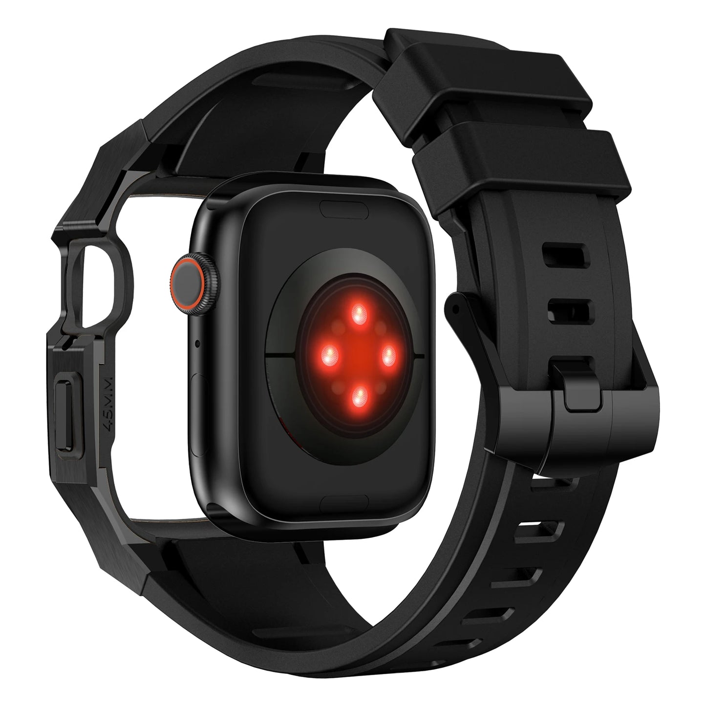 back of a black apple watch protective case on a white background