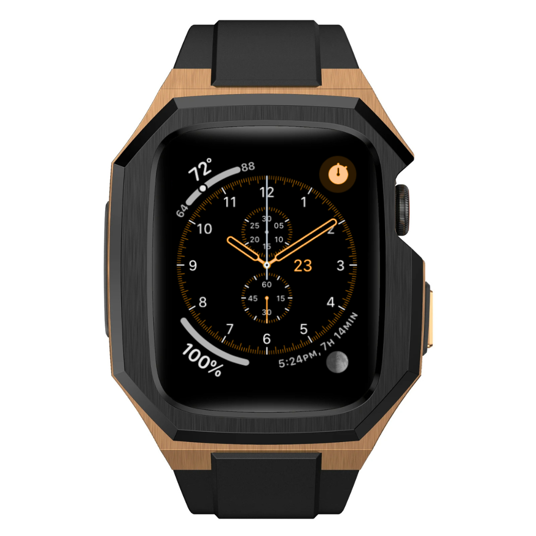 Smartwatch with a black and bronze casing on a white background