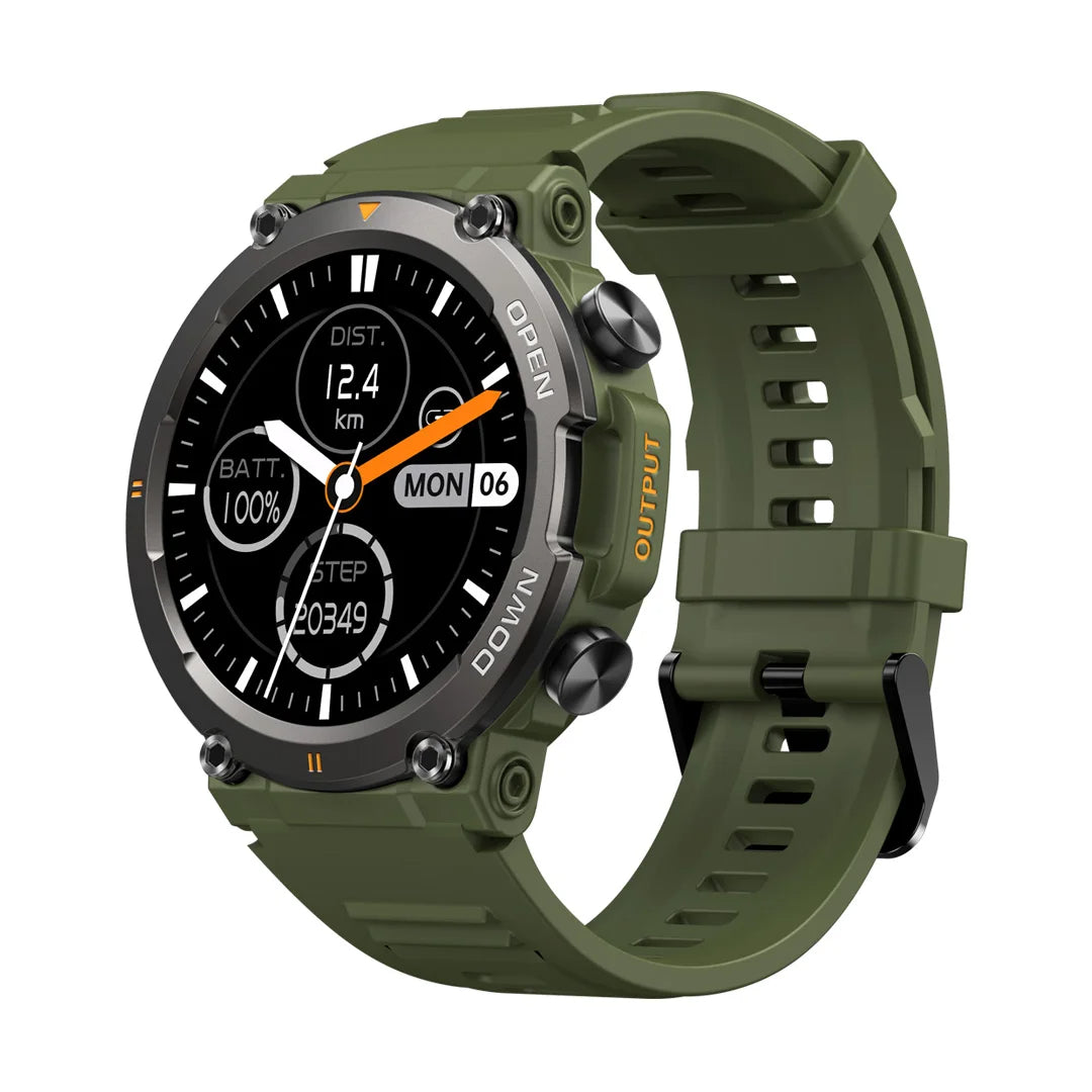 rugged sports army green smartwatch with black display