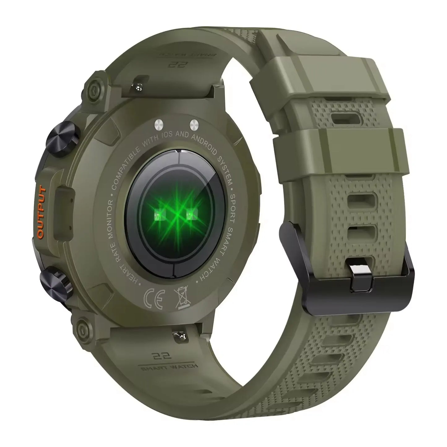 back of an army green rugged sports smartwatch