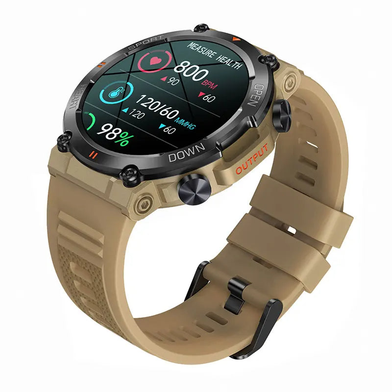rugged sports smartwatch displaying health metrics on screen