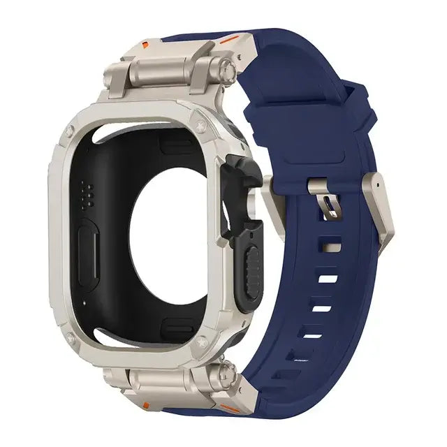 apple watch protective band with navy blue strip and grey rugged case