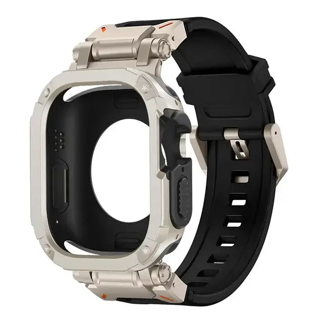 apple watch band with black strap and rigged grey case