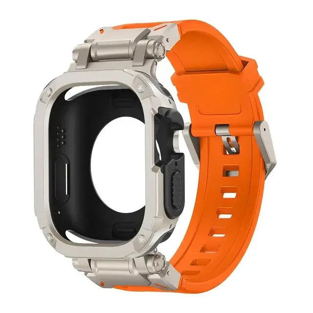 apple watch band with orange strap and rugged grey case