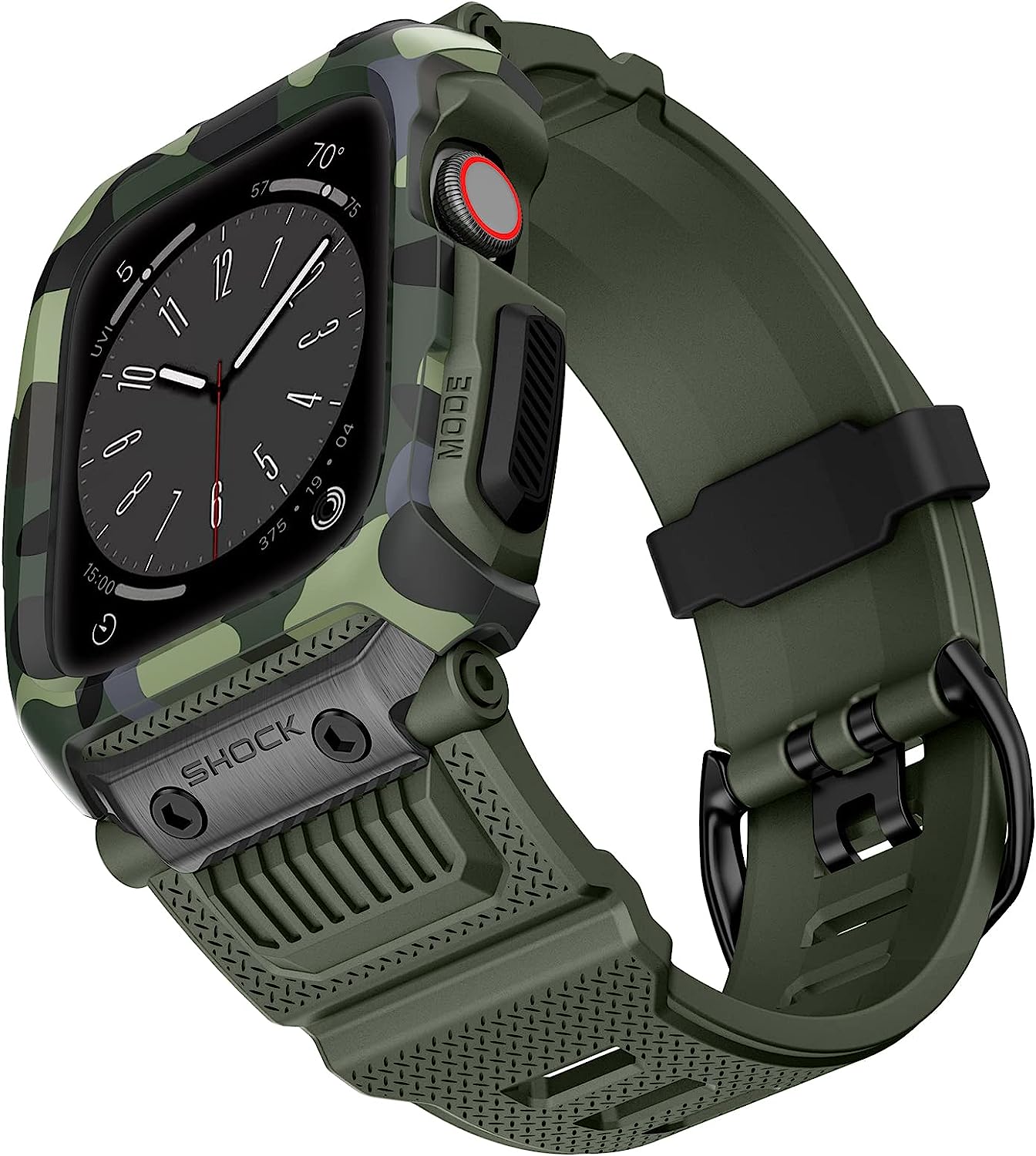 Green camouflage apple watch protective case on a white background