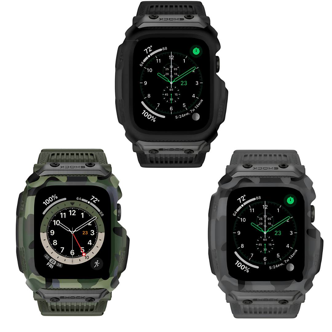 3 apple watch bands, black, green camouflage and grey camouflage on a white background