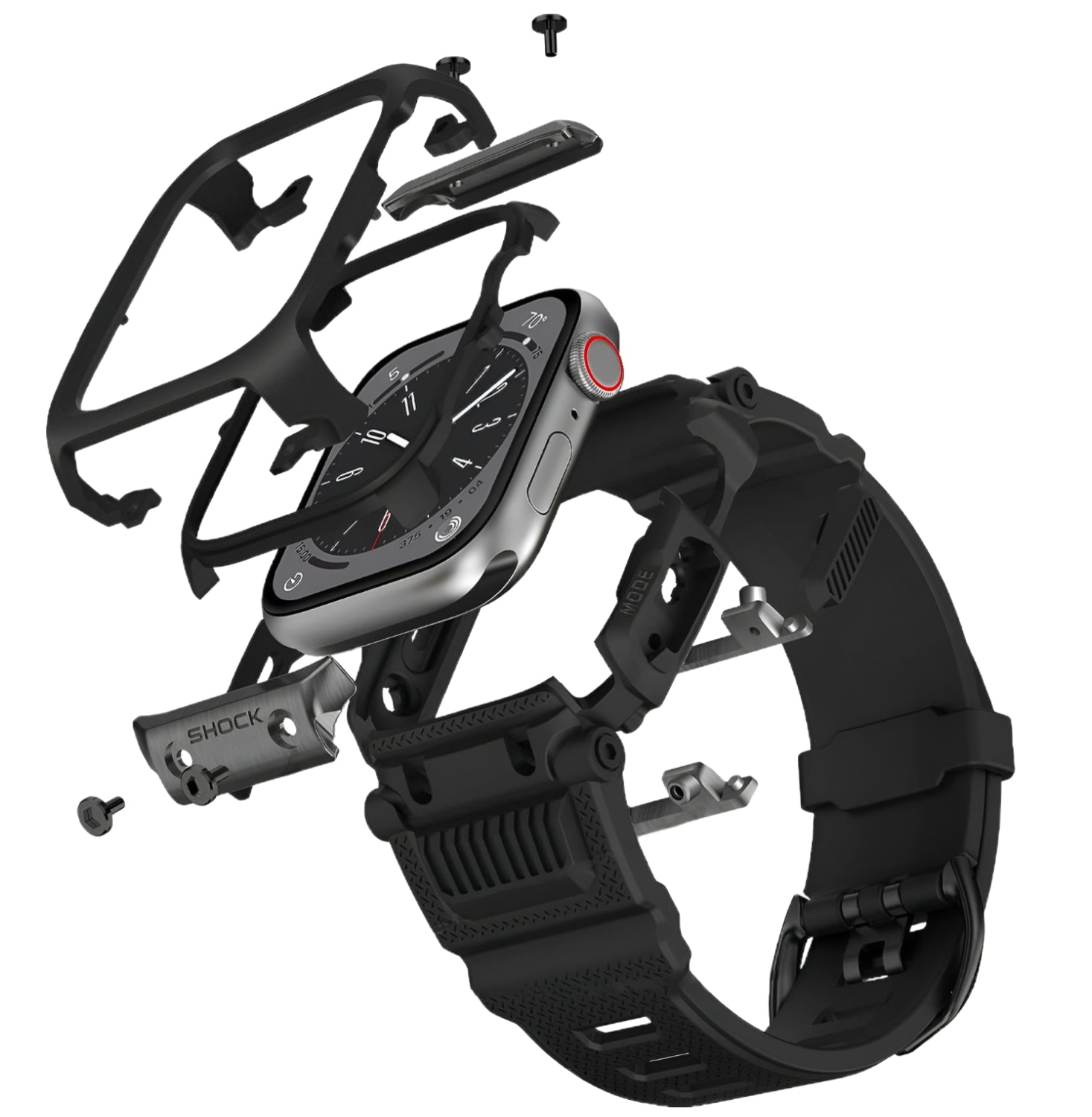 display of components of a black rugged apple watch band on a white background