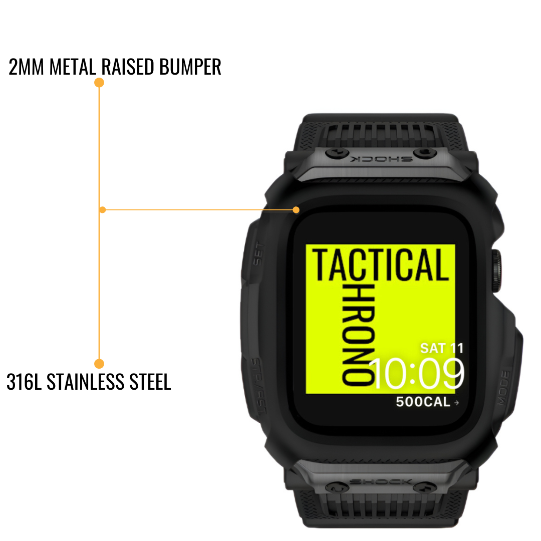apple watch in a protective band highlighting the protective features of the band. with branded logo displayed on the watch, on a white background