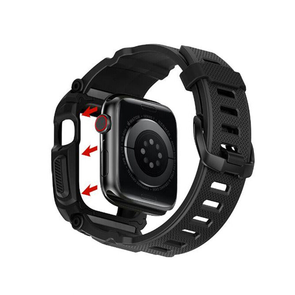 image showing the installation process of an apple watch in a protective band  and case