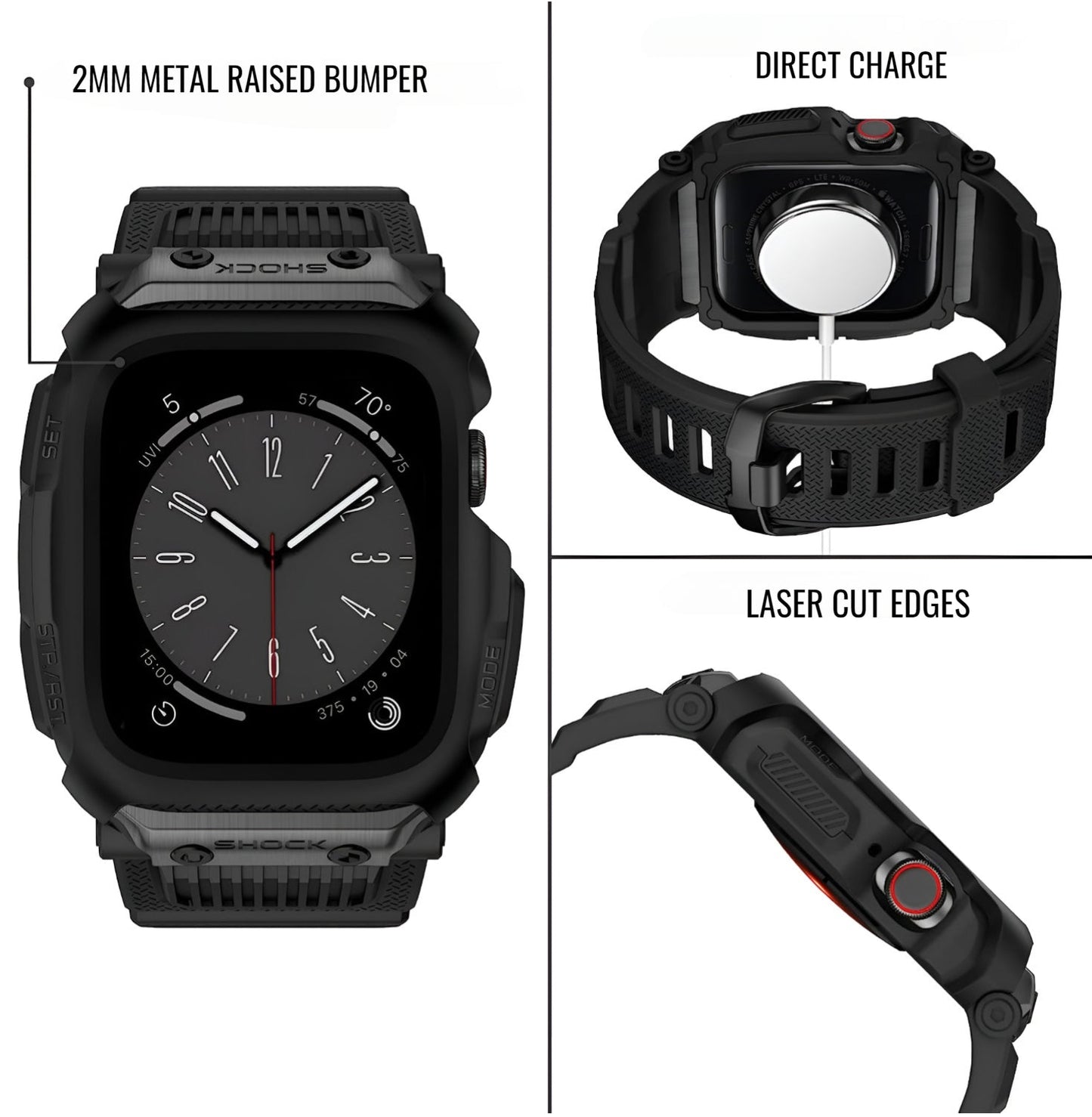 collage of black apple watch band showing features
