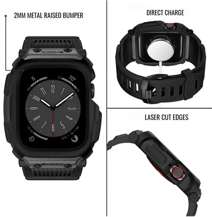 collage of black apple watch band showing features