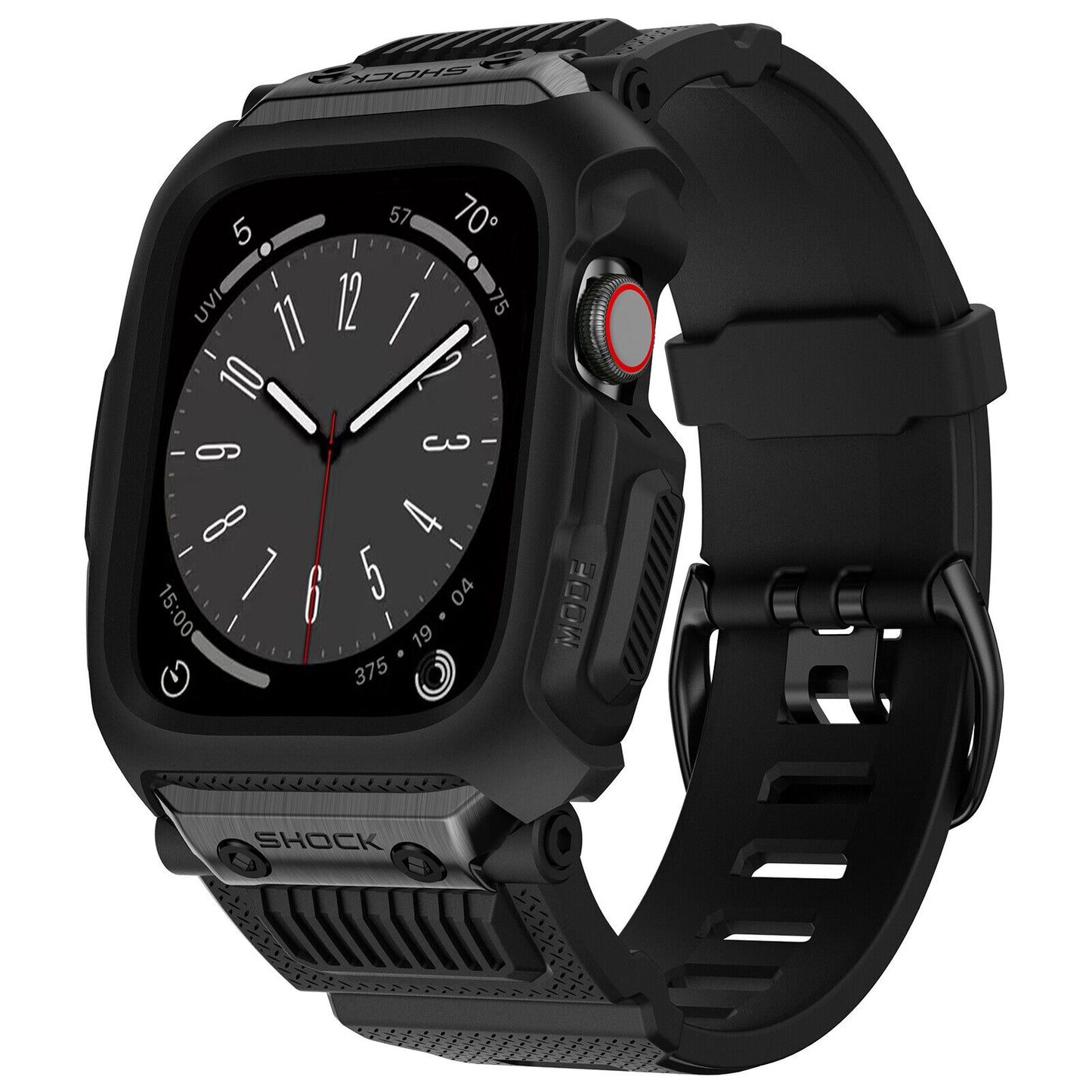 Black apple watch band on a white background