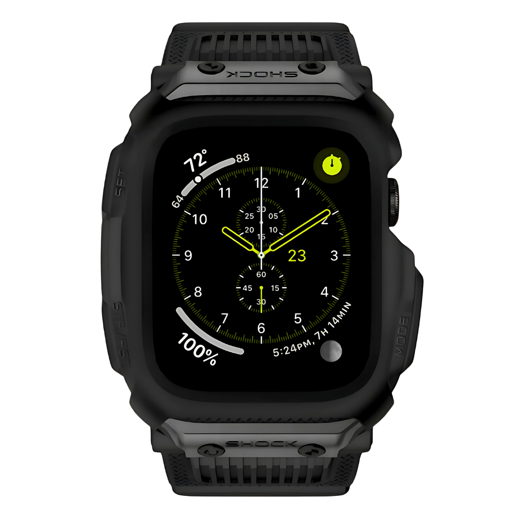 Black Apple watch protective band and case with a detailed display on a white background