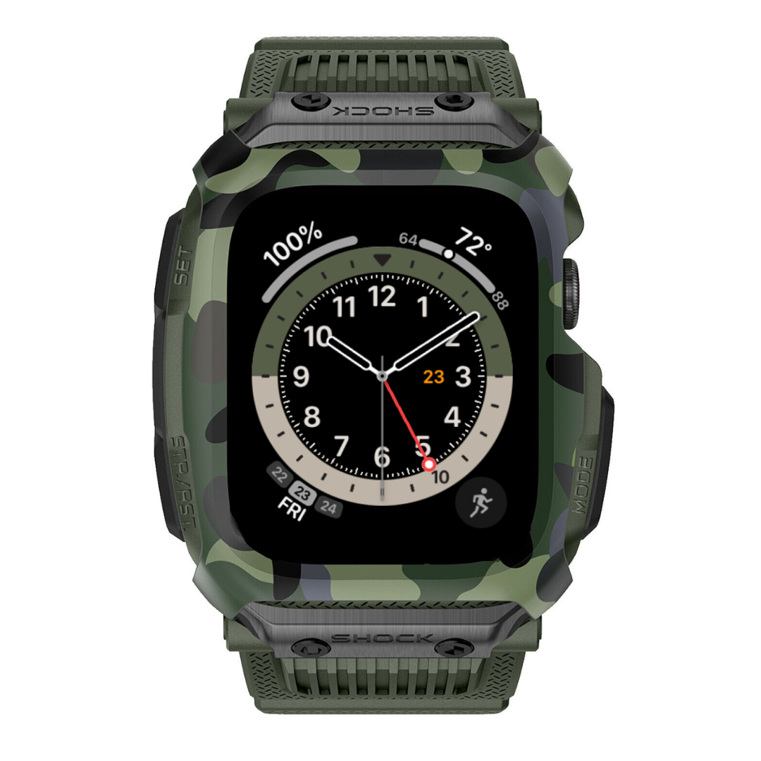 Camouflage green apple watch protective band with detailed display on a white background
