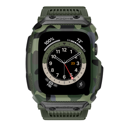 Camouflage green apple watch protective band with detailed display on a white background