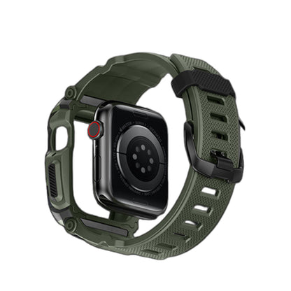 apple watch hovering towards an apple watch protective case displaying installation mechanism on a white background