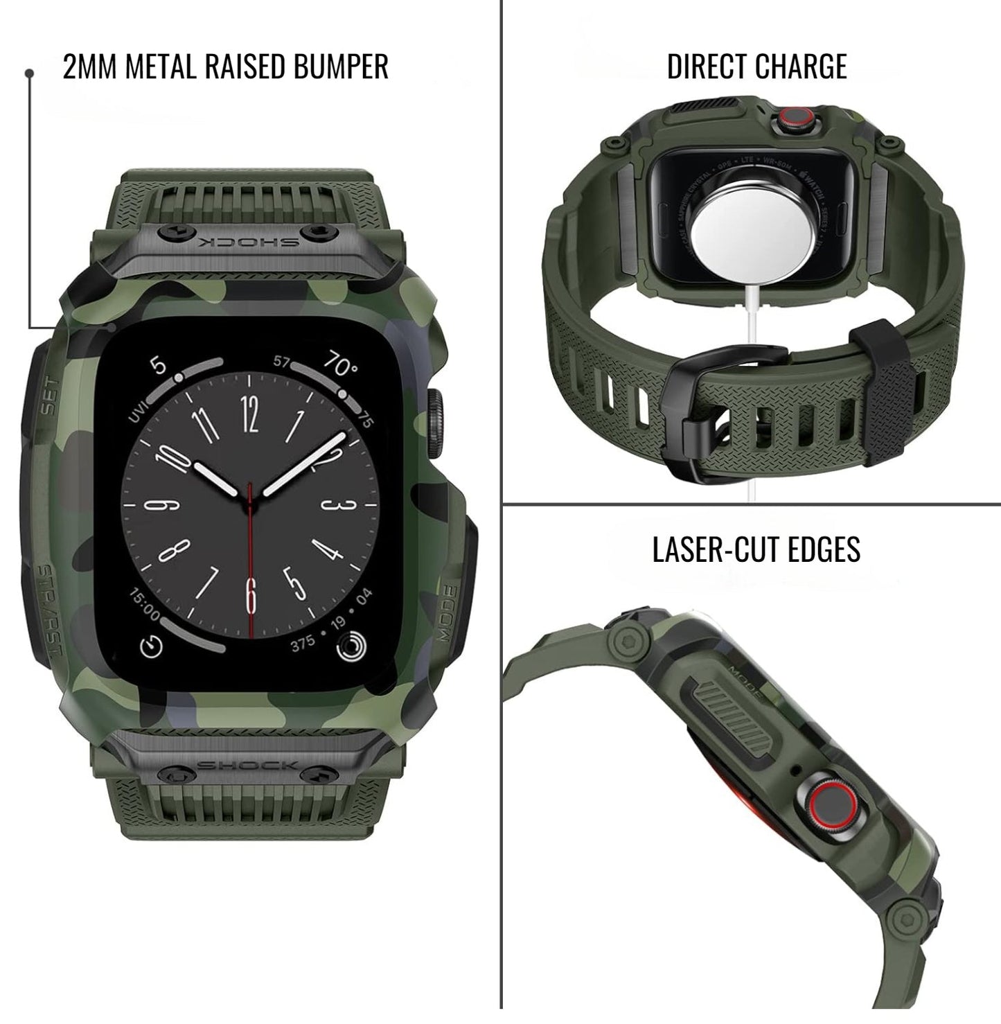collage of apple watch band displaying features on a white background