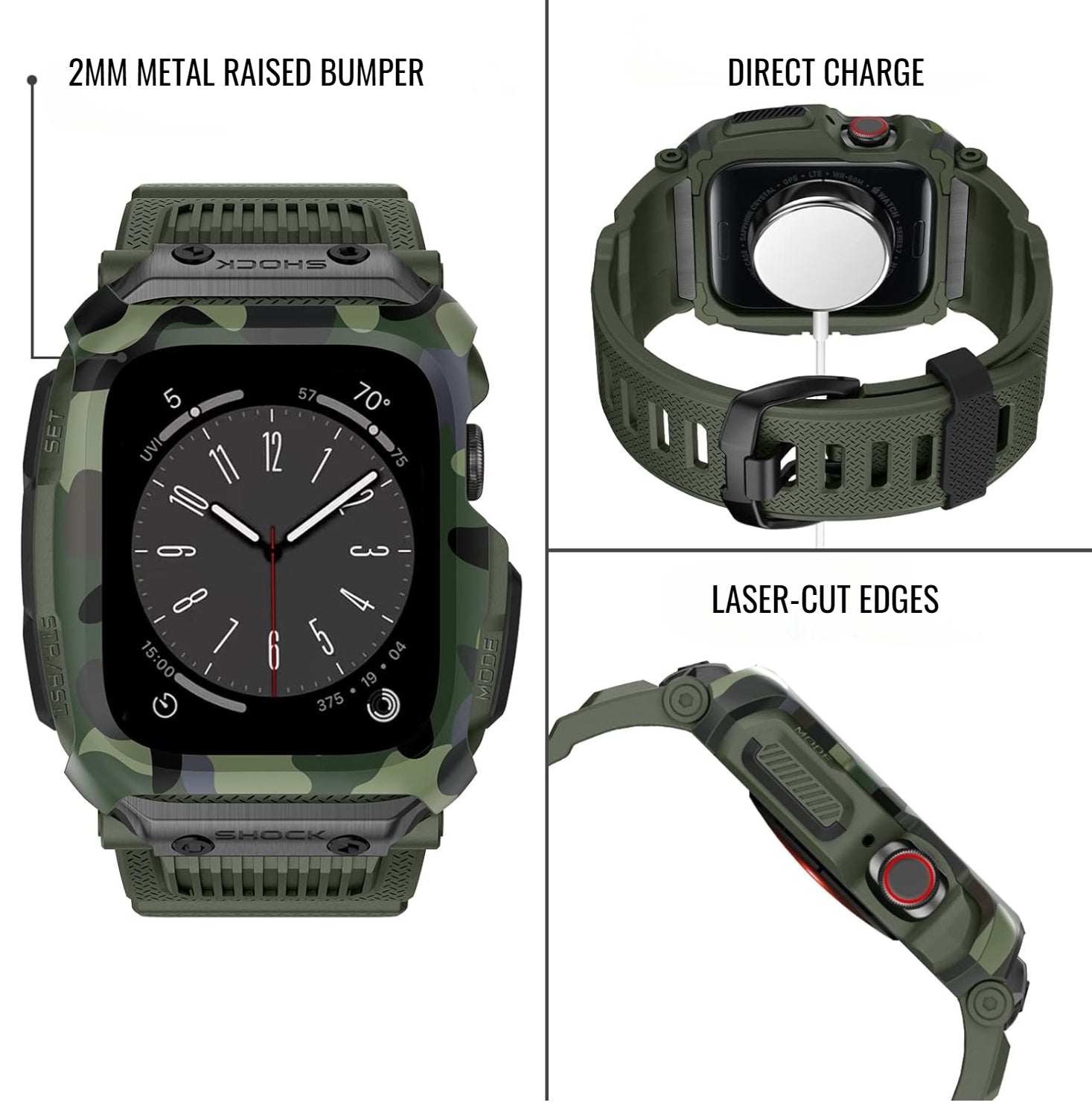 collage of apple watch band displaying features on a white background