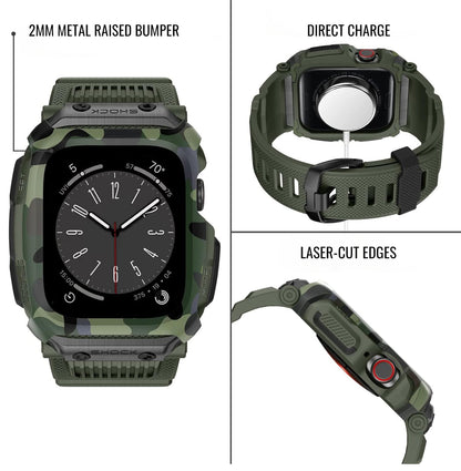 collage of apple watch band displaying features on a white background