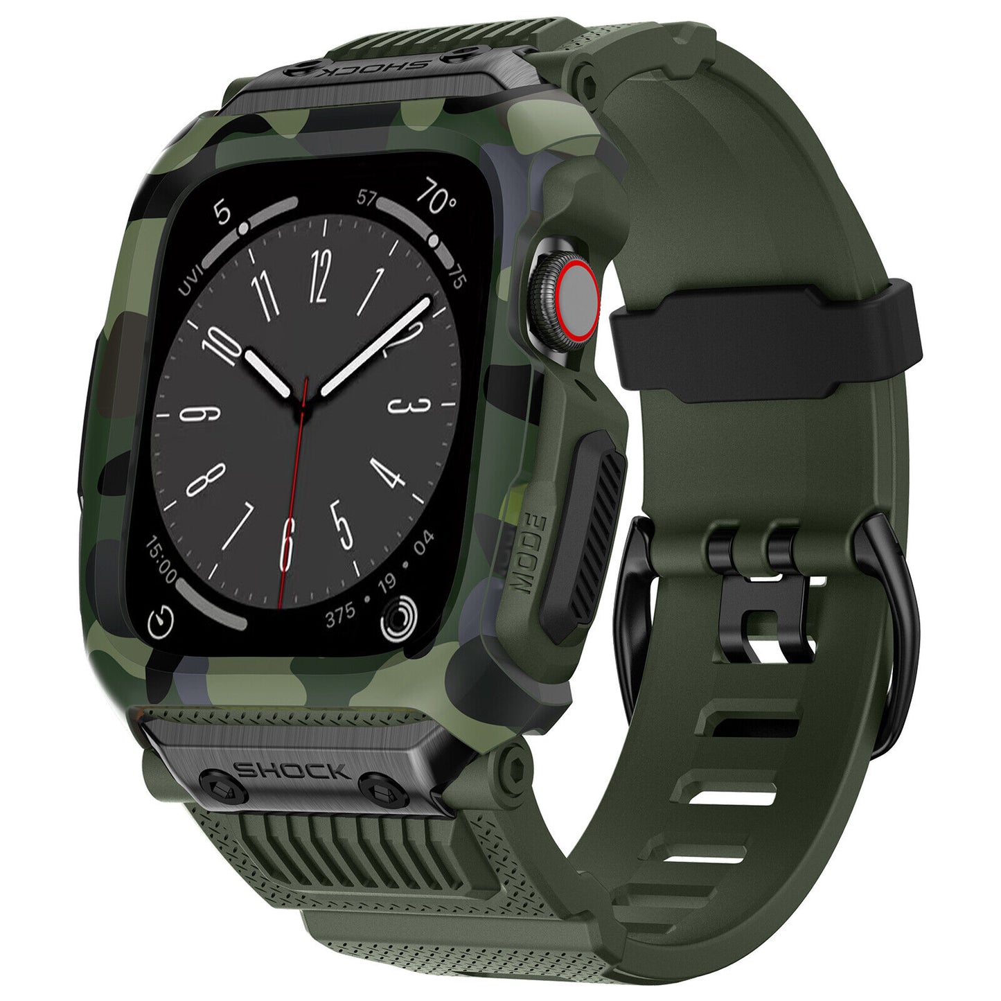 apple watch protective band in green camouflage color on a white background