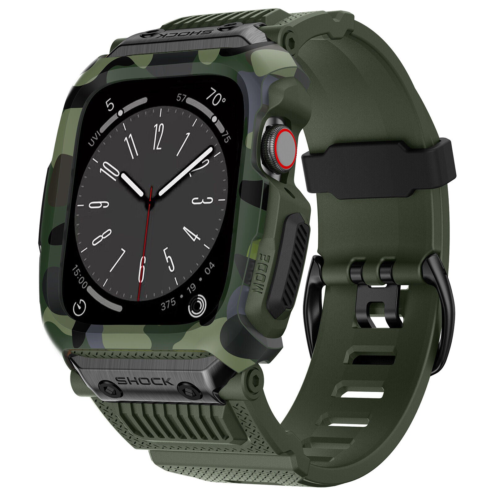 apple watch protective band in green camouflage color on a white background