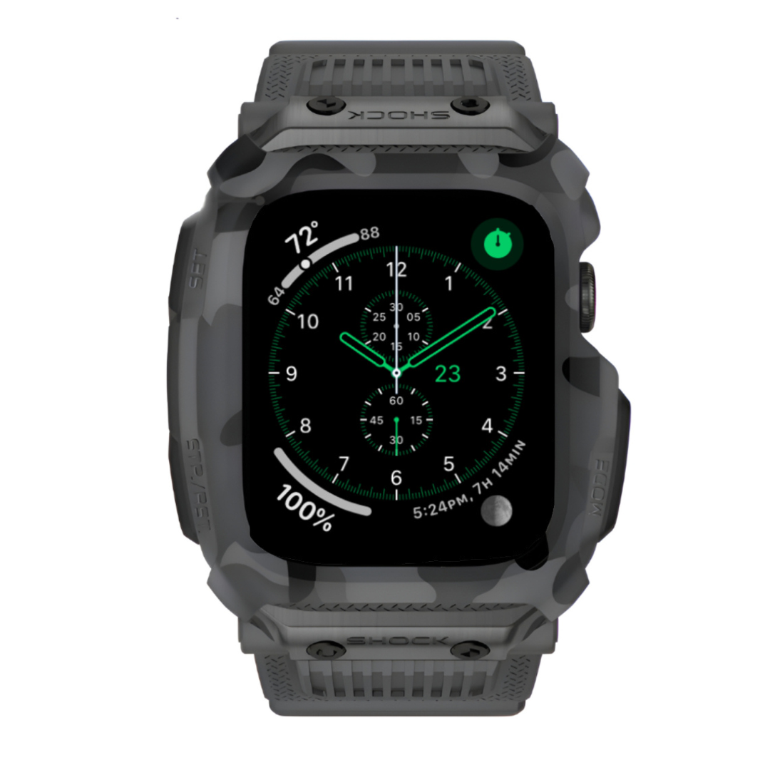 grey camouflage apple watch protective band with detailed display on a white background