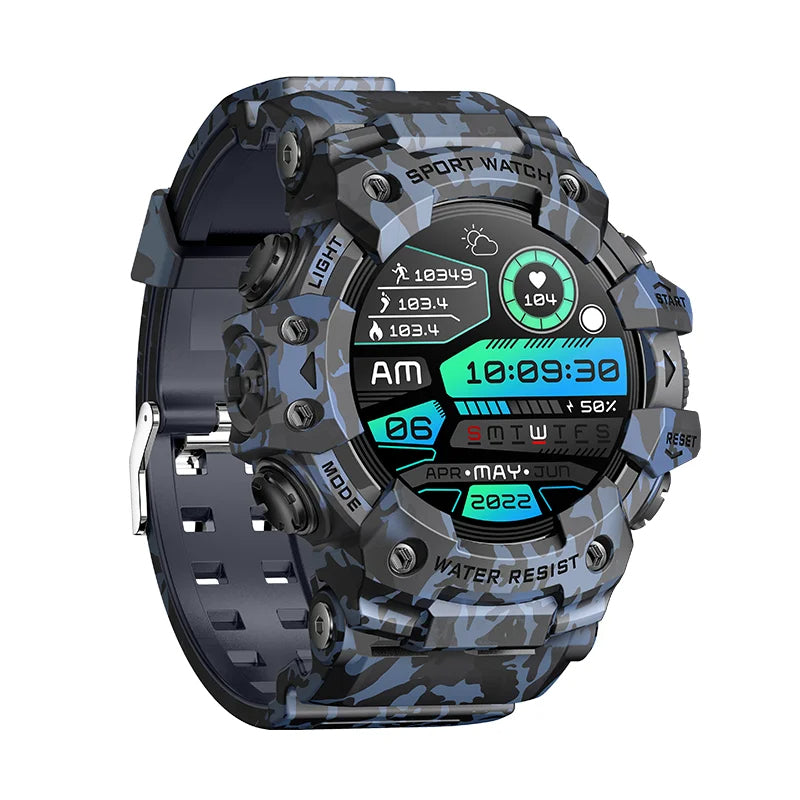 Camouflage smartwatch with digital display on a white background