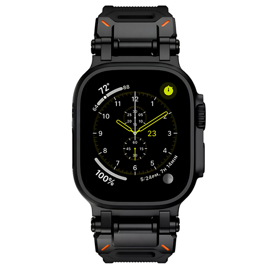 Rugged Black Apple watch band with a detailed display on a white background
