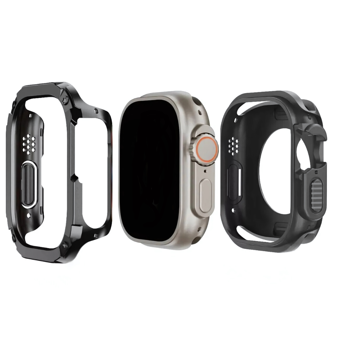 apple watch in the middle of a 2 piece apple watch protective case