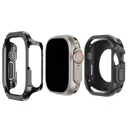 apple watch in the middle of a 2 piece apple watch protective case