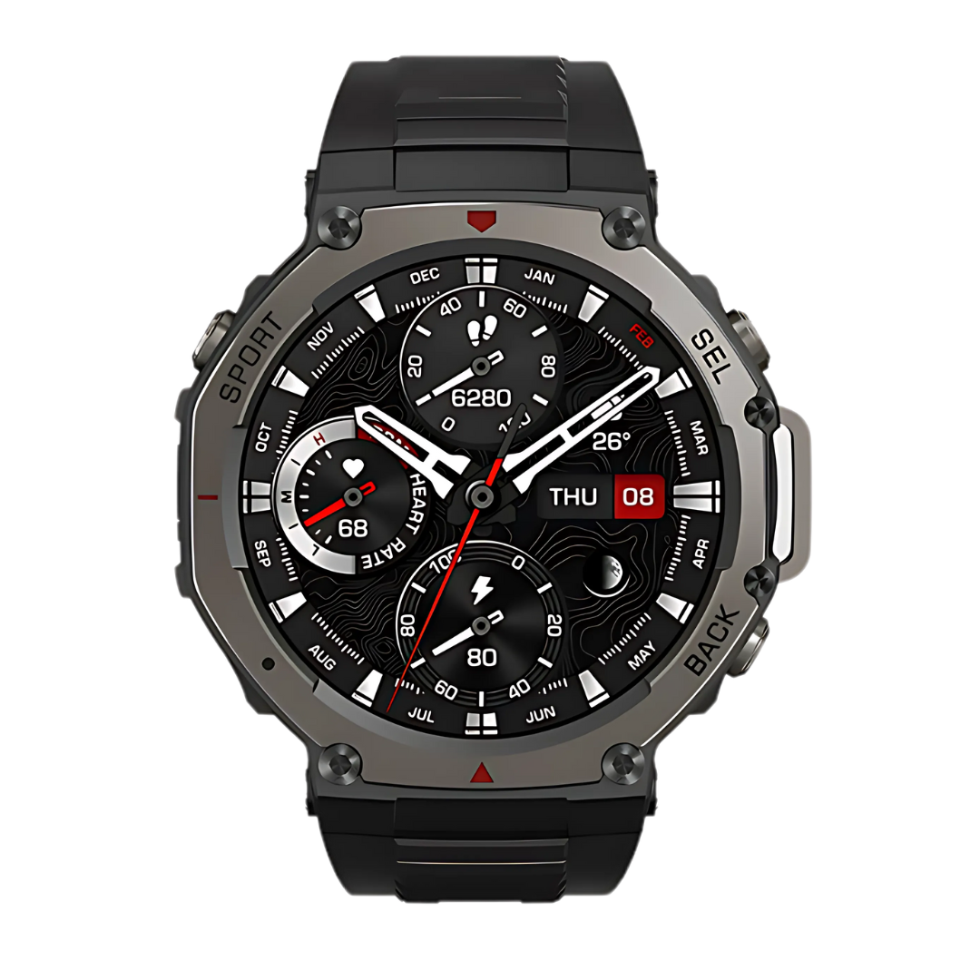 Smartwatch with a black strap and detailed display on a white background