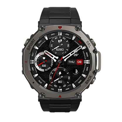 Smartwatch with a black strap and detailed display on a white background