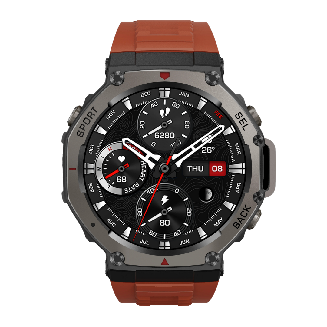 rugged Smartwatch with a red strap on a white background