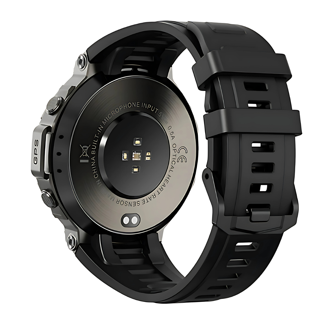 Black rugged smartwatch on a white background