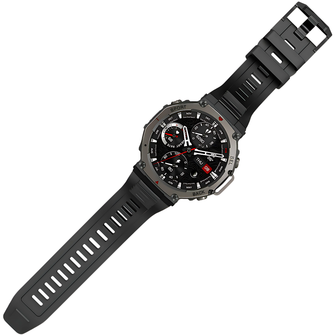 Black smartwatch with a detailed face on a white background