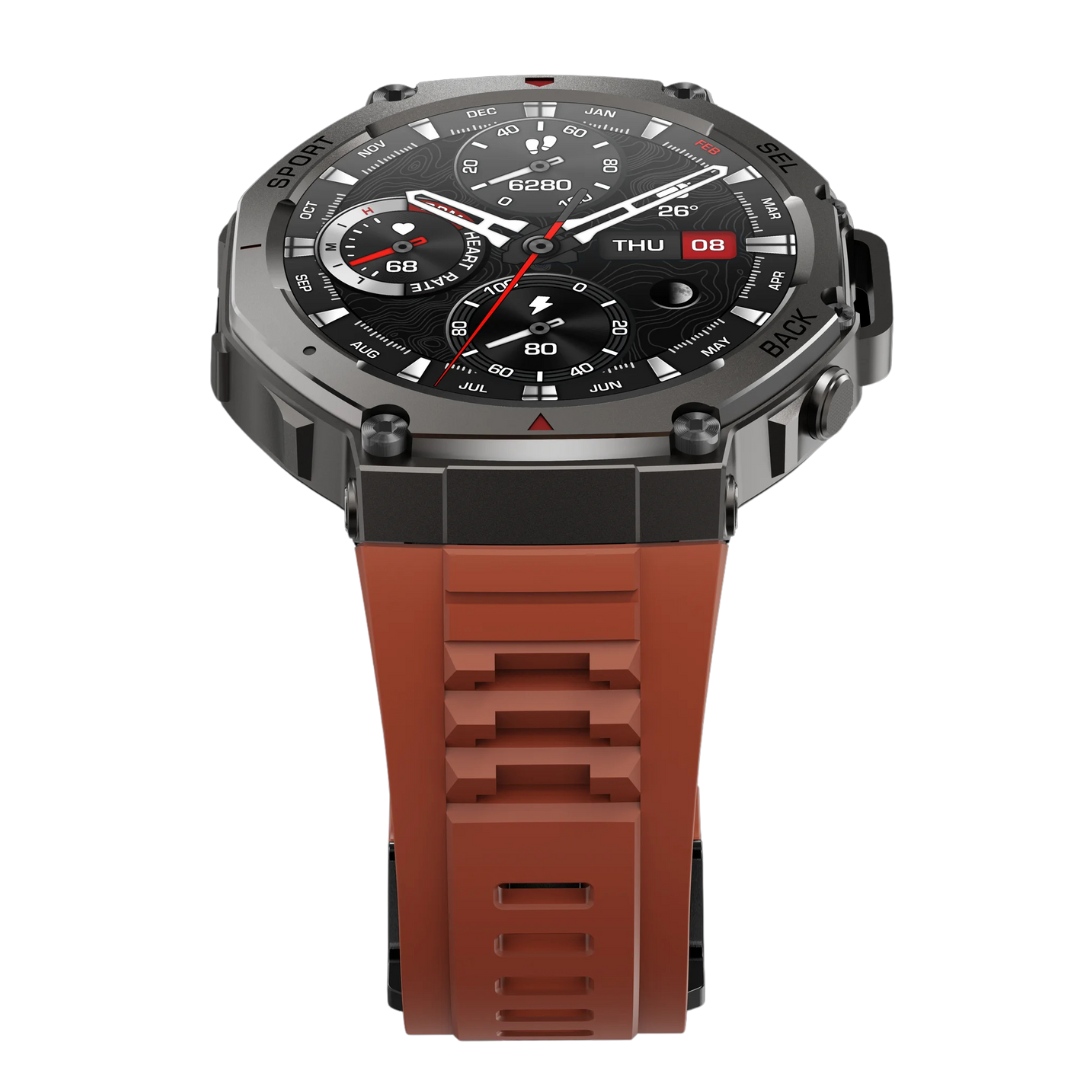 Smartwatch with a red strap on a white background