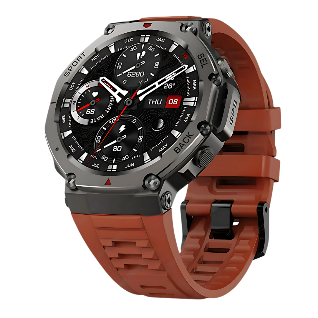 Smartwatch with a red strap on a white background