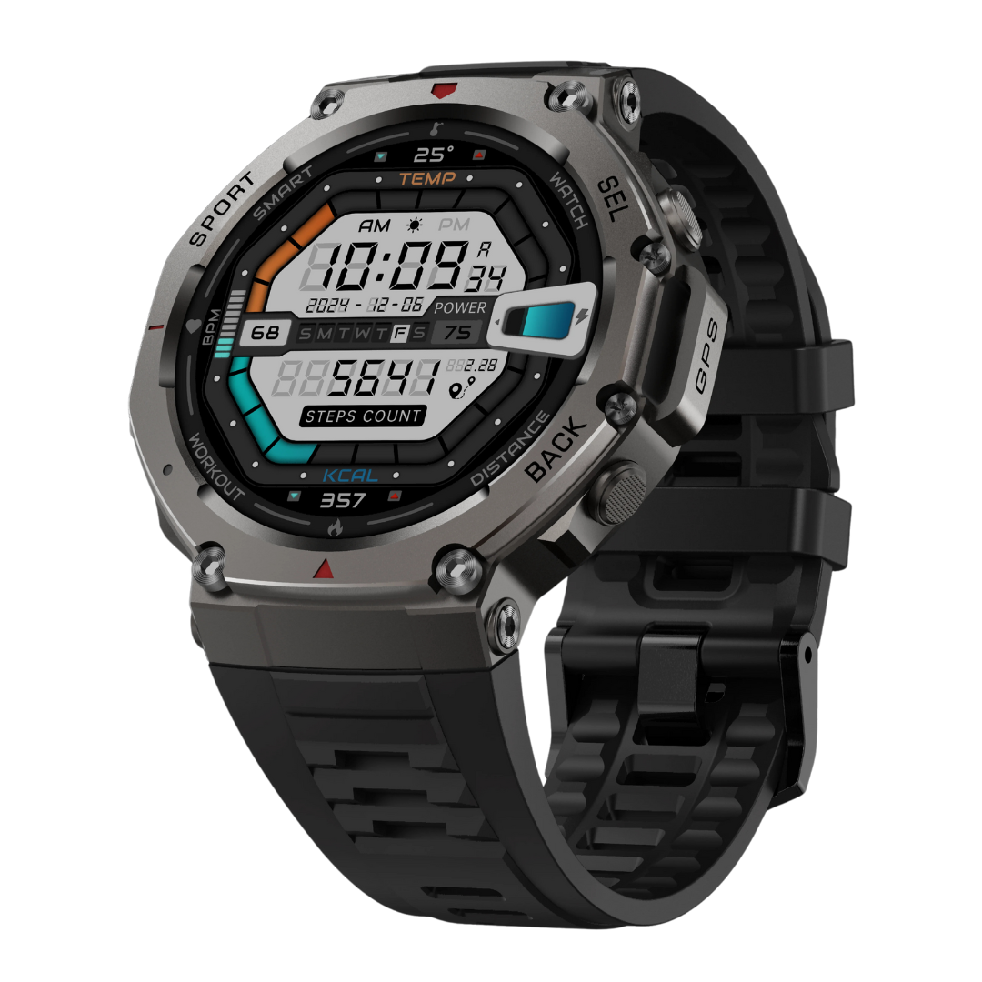 rugged Digital smartwatch with a black strap on a white background