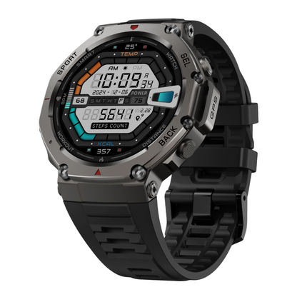 rugged Digital smartwatch with a black strap on a white background