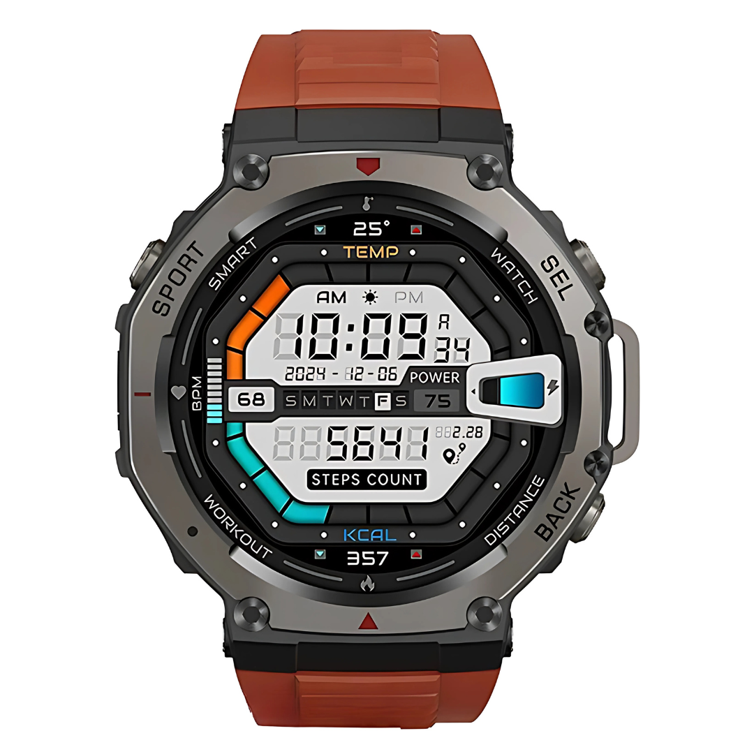 Digital smartwatch with an red strap on a white background