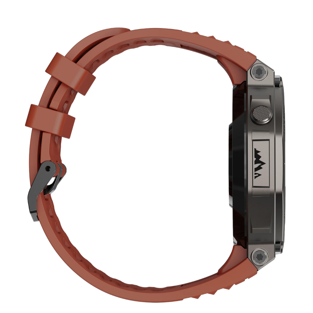 Watch with a red strap and metallic case on a white background