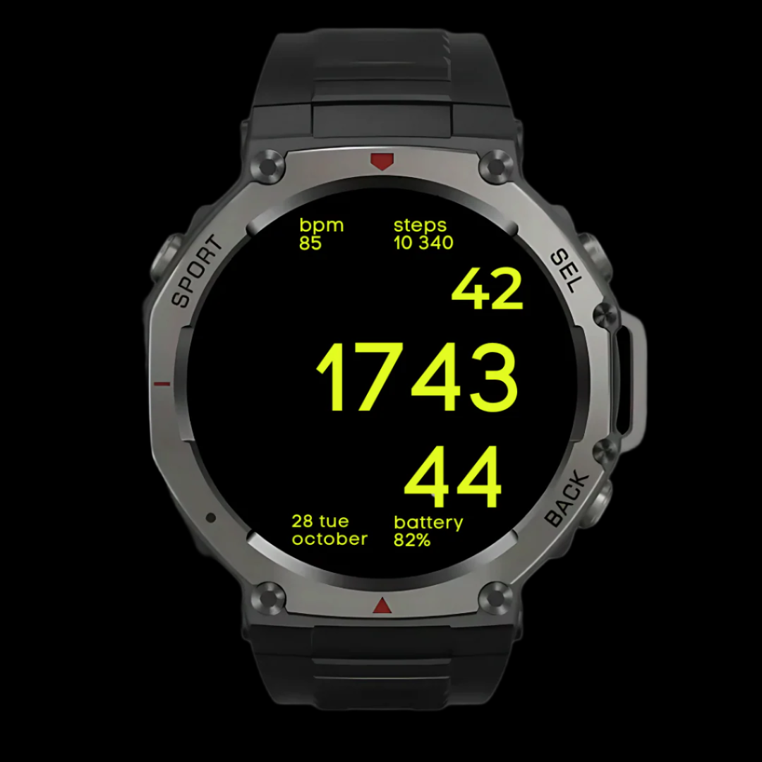 Digital rugged smartwatch with a black strap on a black background