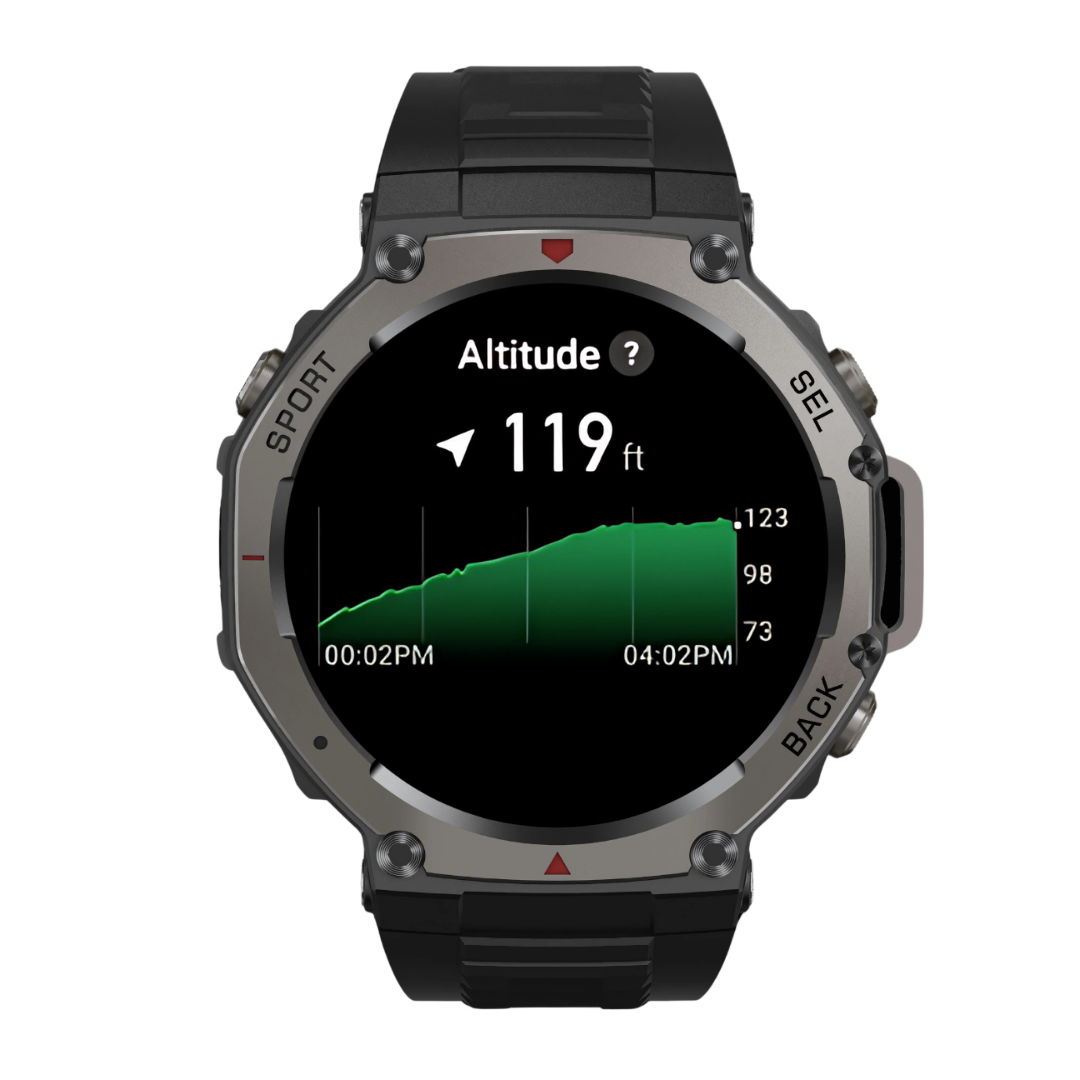 Smartwatch displaying altitude information on a white background