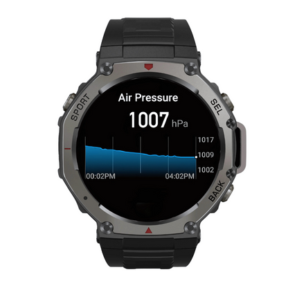 rugged Smartwatch displaying air pressure information on a white background