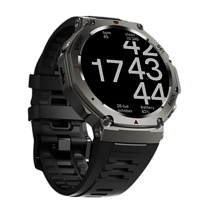Black smartwatch with a metallic band on a white background