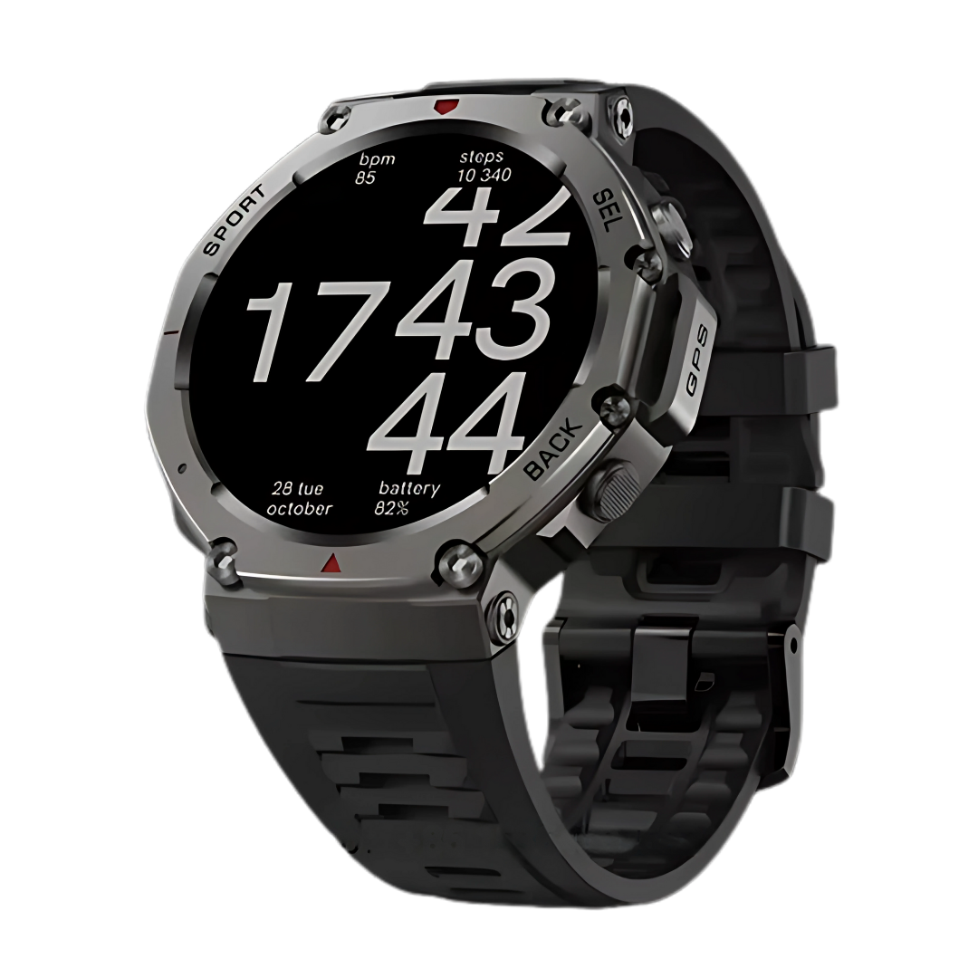 Black smartwatch with digital display on a white background