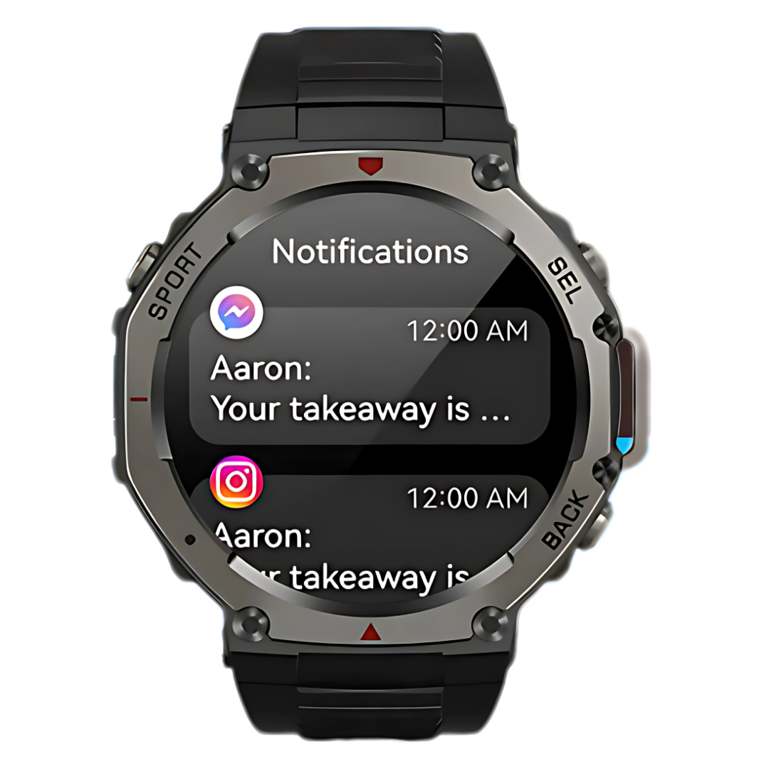 Smartwatch displaying notifications on a white background