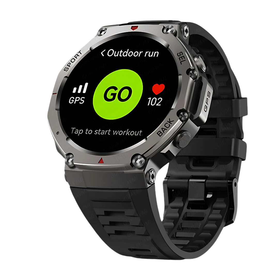 Smartwatch with a black band displaying "outdoor run" on a white background